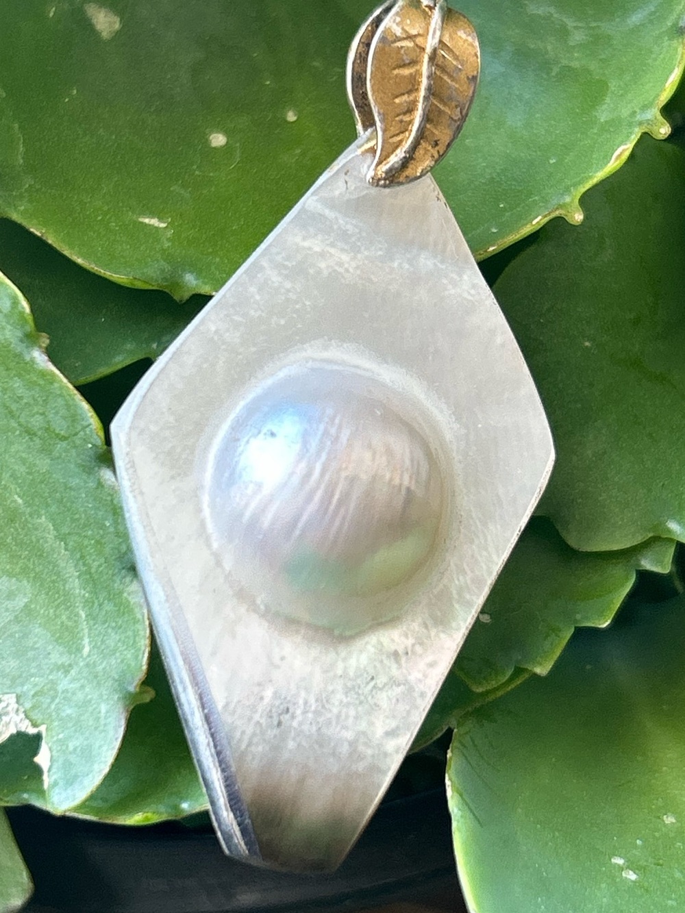 Artisan gold over silver large luminous blister mabe pearl leaf bail pendant
